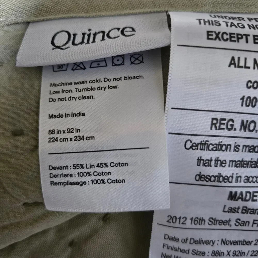 New Quince European Linen Cotton Stitch Quilt 3Pc Set Full Queen Sage $190 MSRP